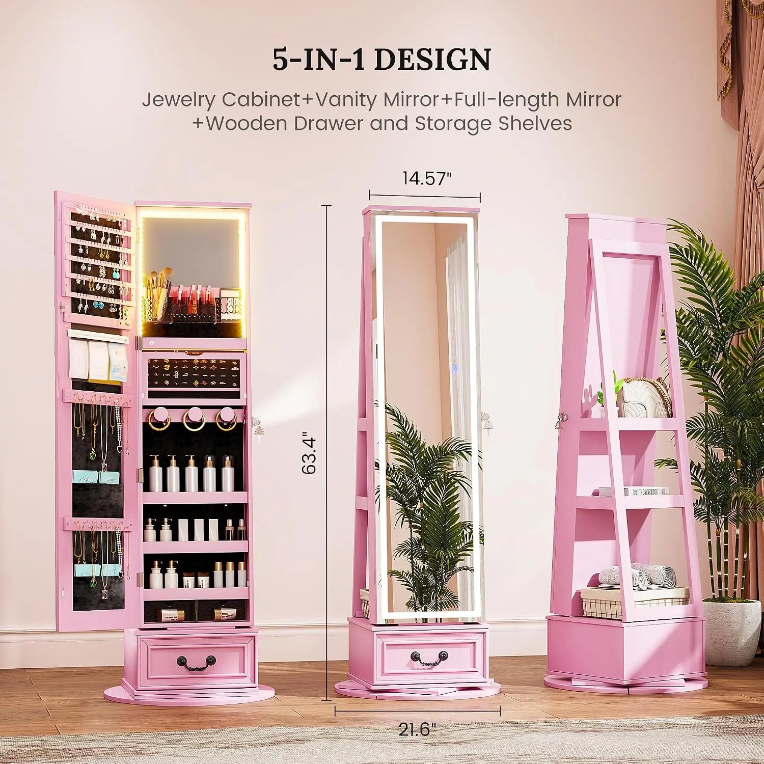 LED Mirror Jewelry Cabinet Standing, 360°Swivel  with Full Length Mirror, Storage