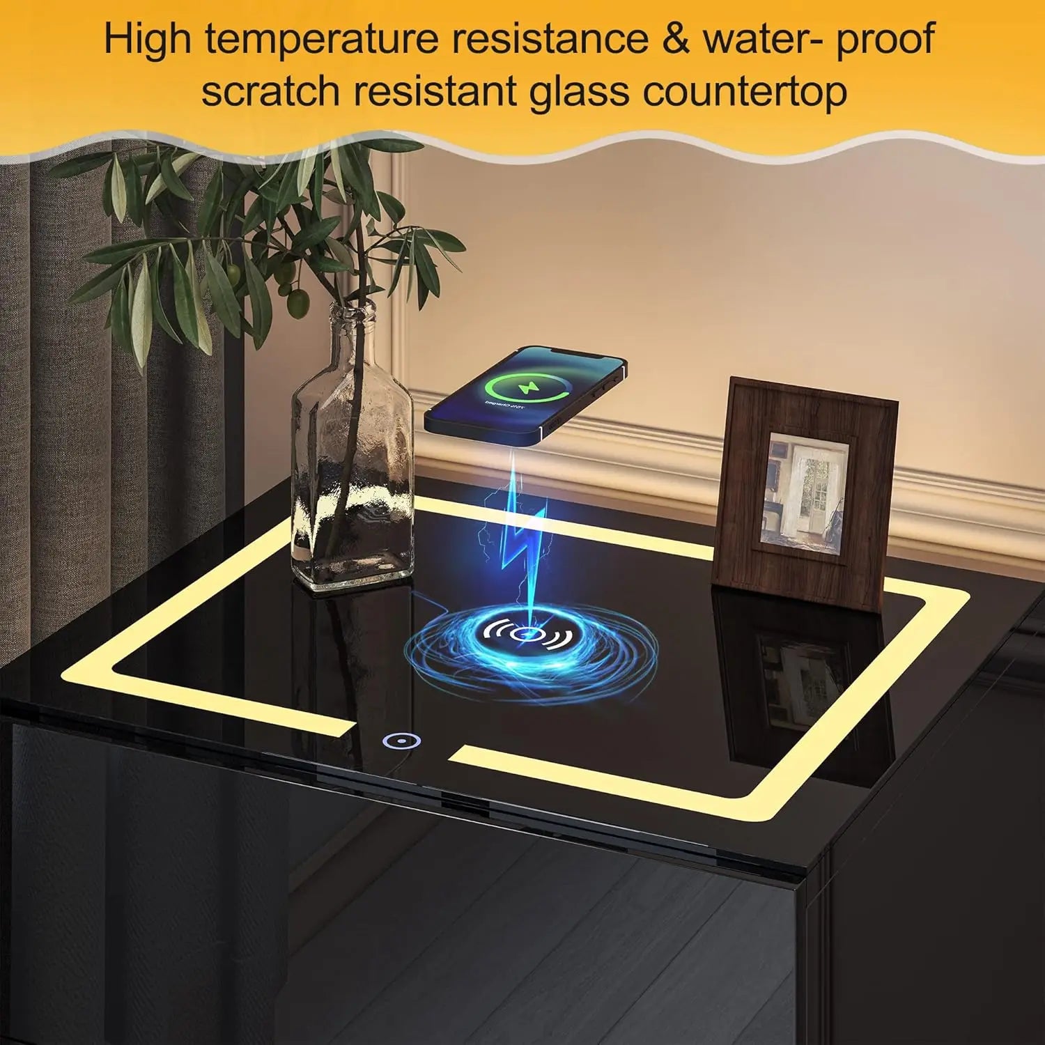 Black  LED Nightstand with Wireless Charger, USB  Ports & High-Gloss Finish