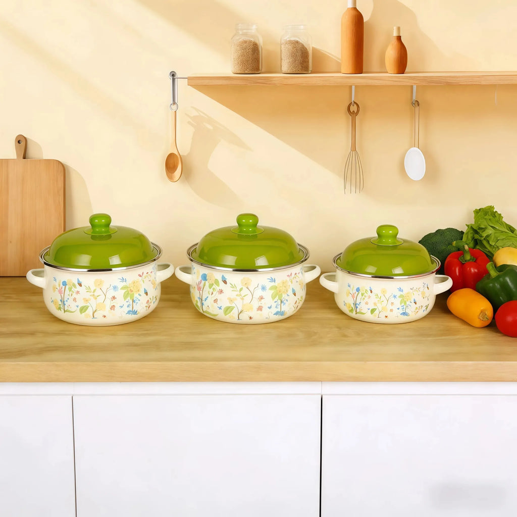 3Pcs Vintage Enamel Stock Pot Set with Lids,  Dual Handles & Flat Bottoms  for Induction & Gas Stoves
