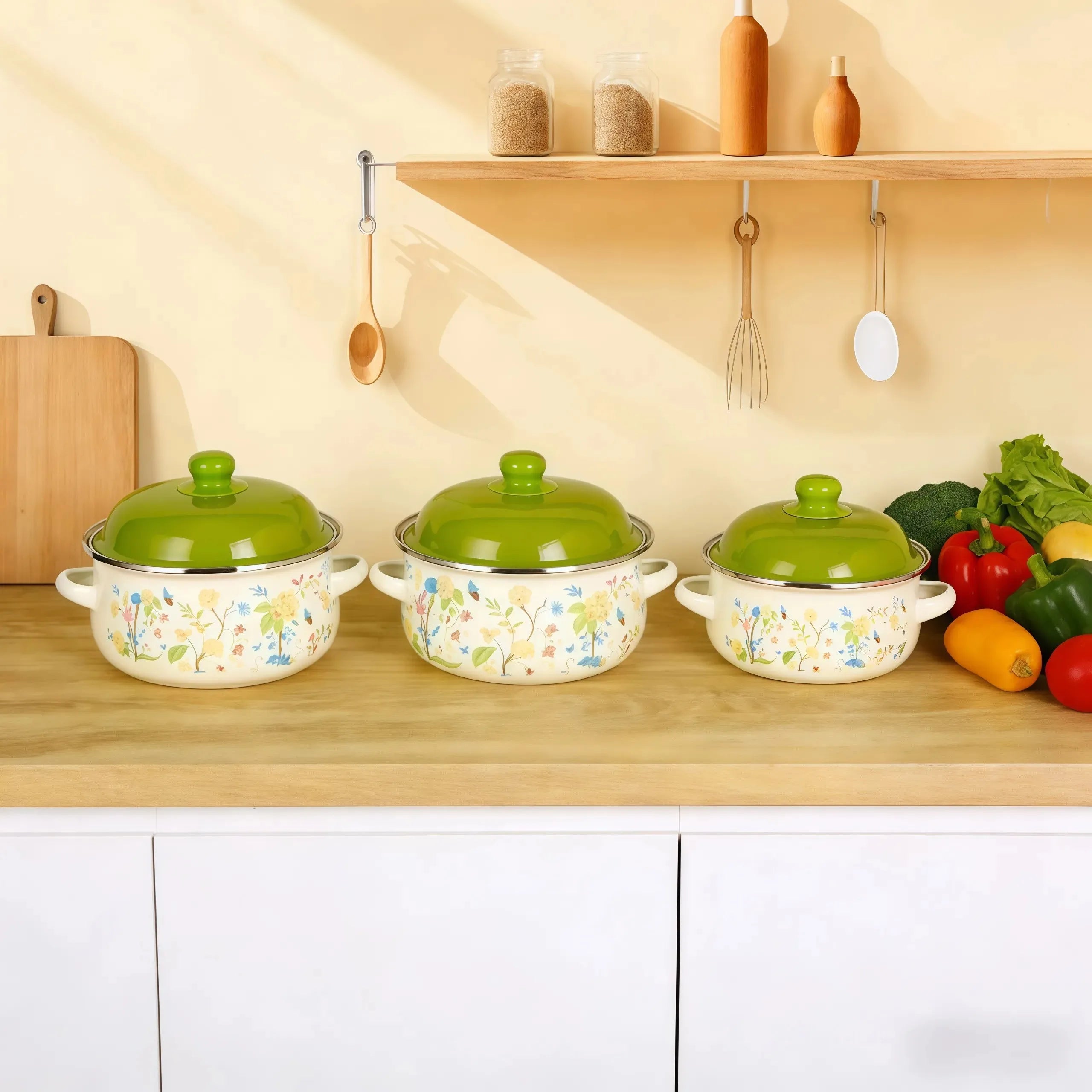 3Pcs Vintage Enamel Stock Pot Set with Lids,  Dual Handles & Flat Bottoms  for Induction & Gas Stoves