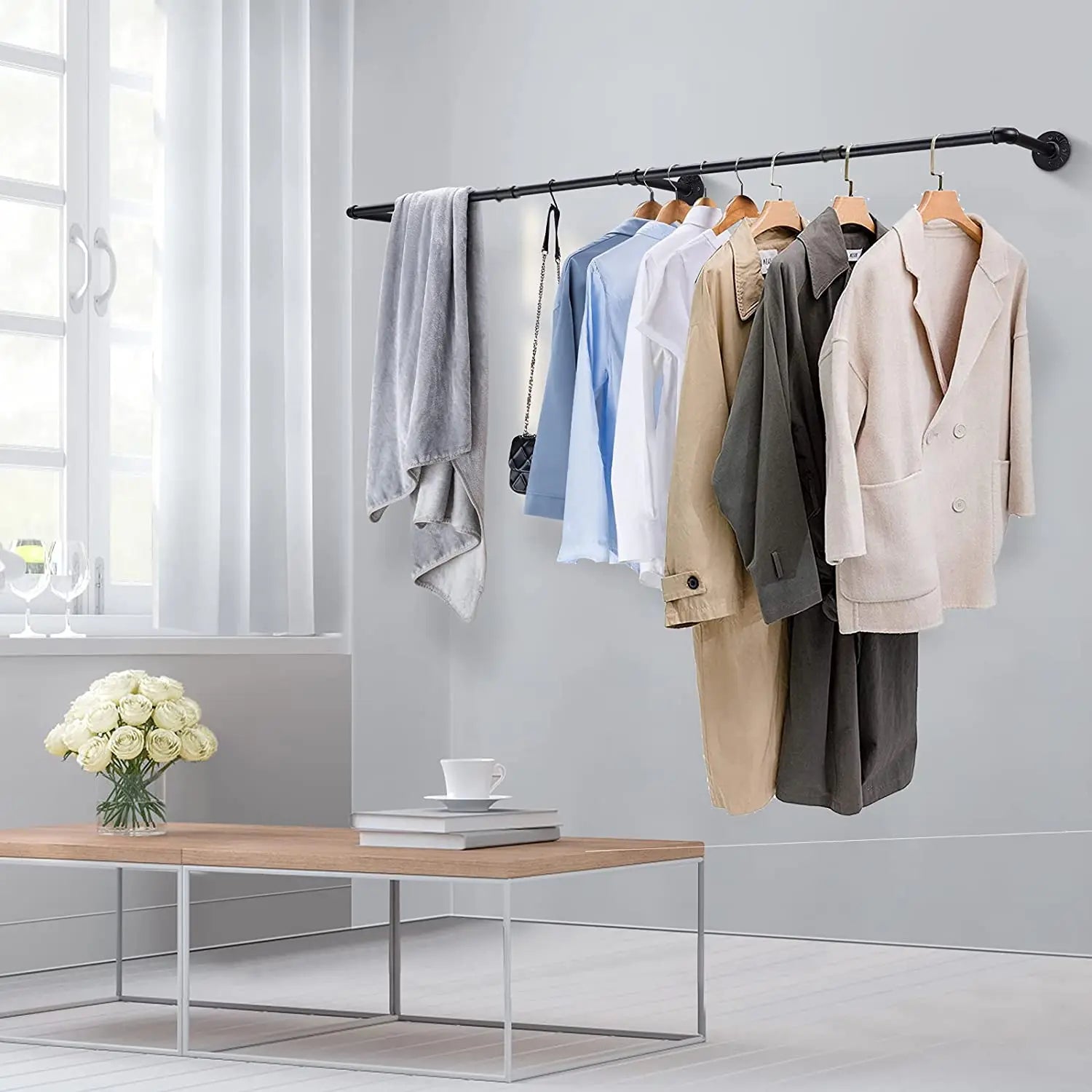 180cm  Garment Home Rail Industrial Pipe  Space Saving  with 3 Hooks