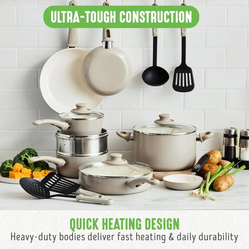16 Piece  PFAS Ceramic Nonstick Cookware Set, Soft-Grip Dishwasher & Oven Safe