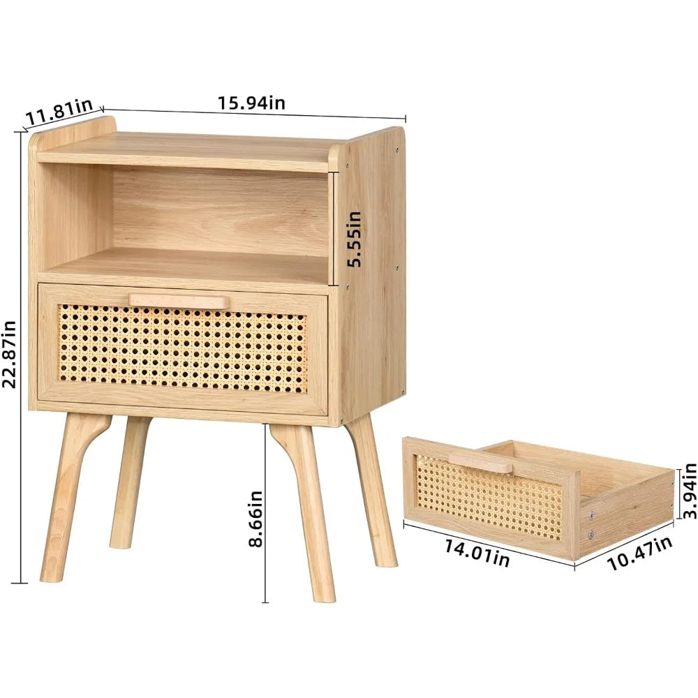 Wooden  Nightstand with Drawer and Open Shelf Solid Wood Legs Ideal  for Bedroom Dorm Small Space