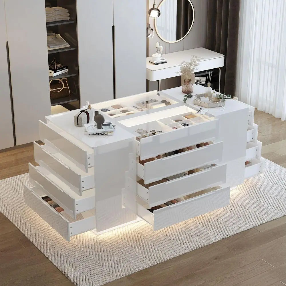 Bedroom Island Wardrobe Closet Dresser with 16 Drawers  Glass Tabletop,  with Jewelry Organizer,