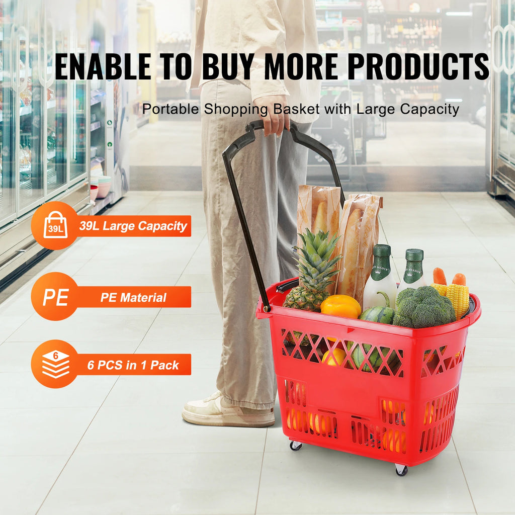 6PCS Shopping Rolling Baskets 39L Carts with Handles & Wheels Portable  for Supermarkets