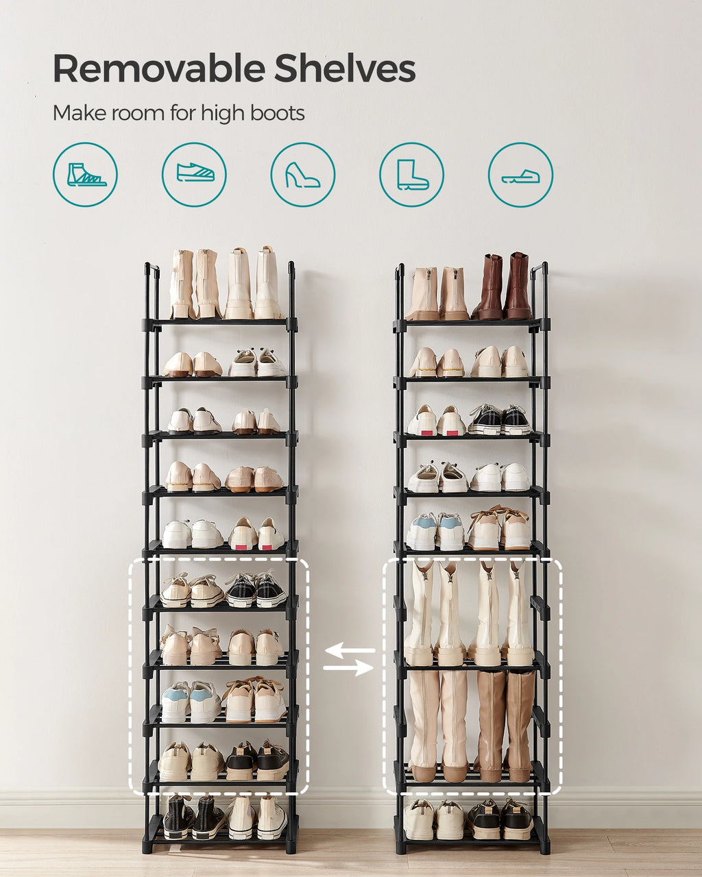 , 10 Tier Shoe Rack Metal Organizer,  for 20 Pairs of Shoes,