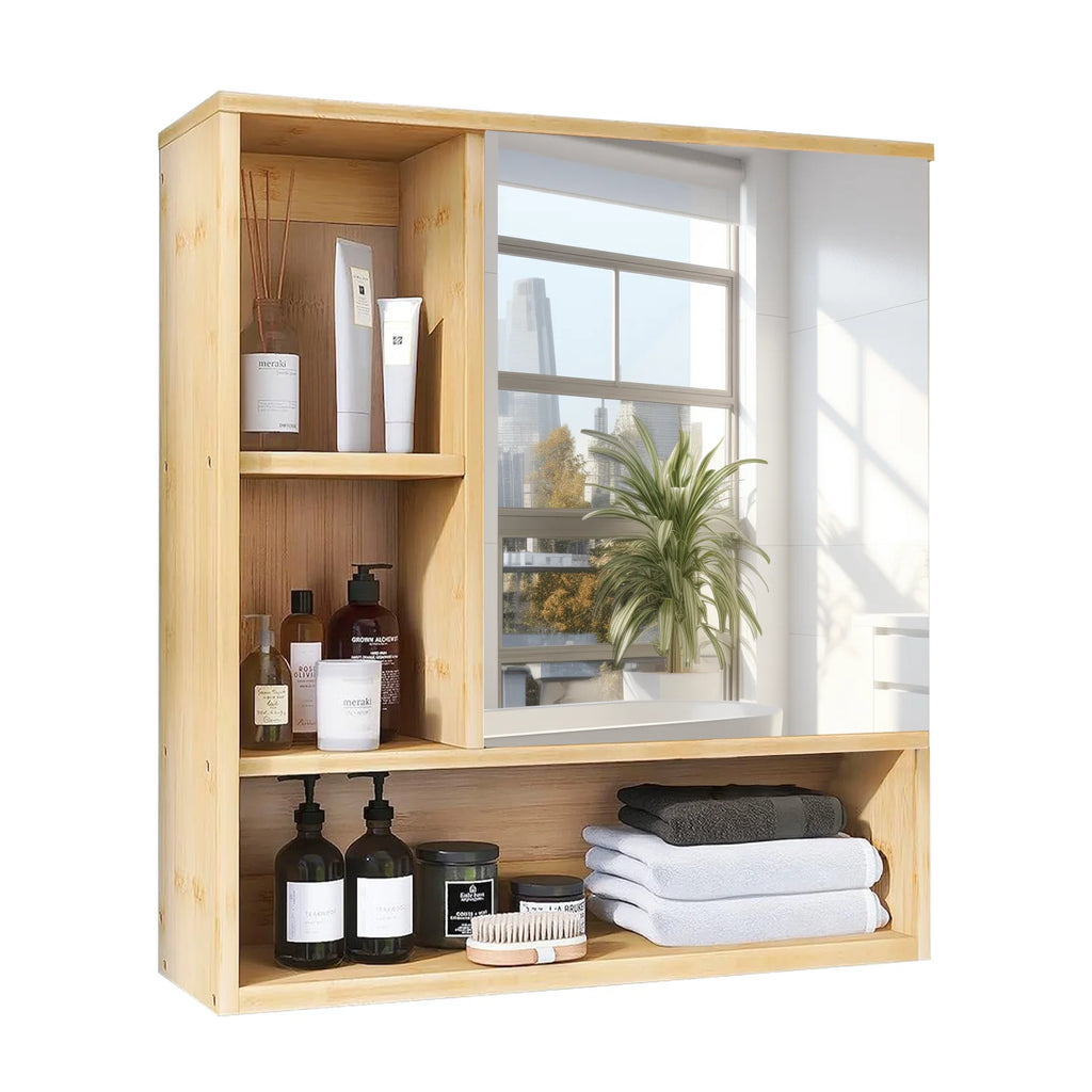Bathroom Bamboo  Mirror Wall Medicine Cabinet Storage Shelves