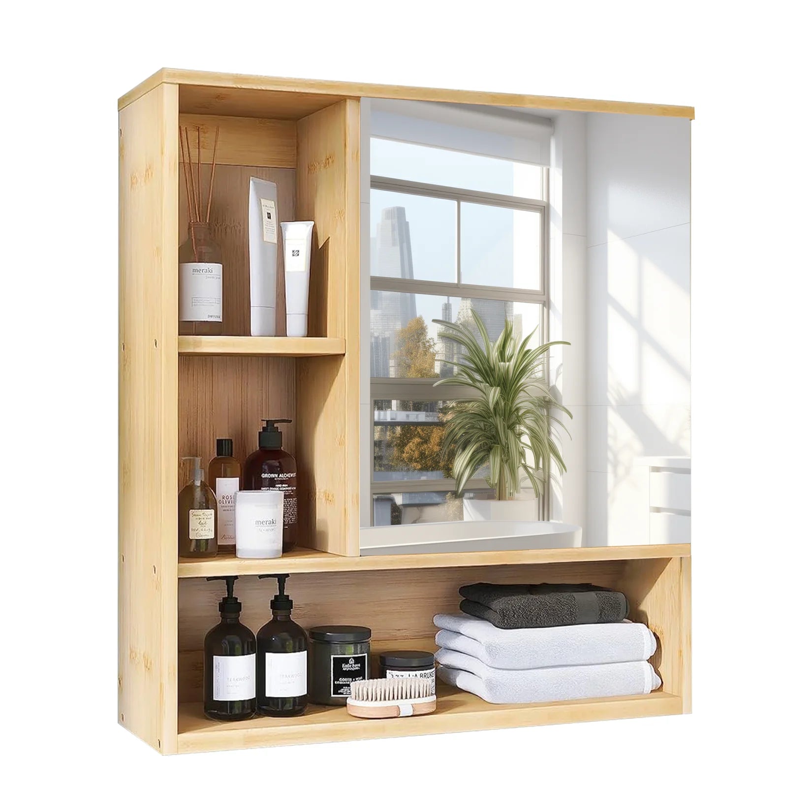 Bathroom Bamboo  Mirror Wall Medicine Cabinet Storage Shelves