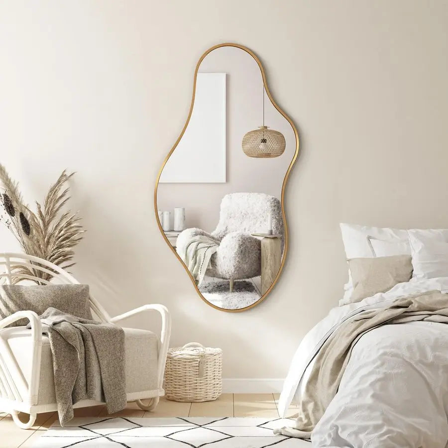 Wall cloud wavy Mirror, 20x36 Gold Abstract Asymmetrical  for Wall, Decorative