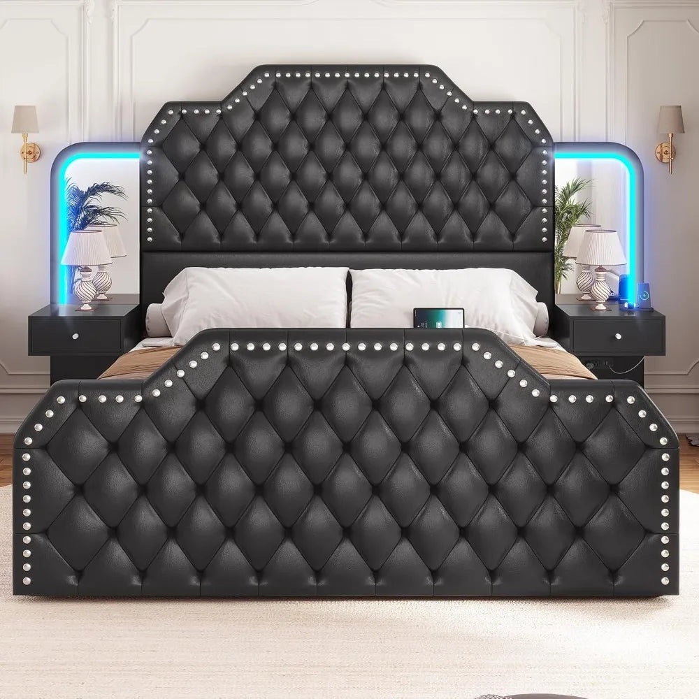 Queen Bed Frame W/ LED, Leather Upholstered Charging Station,  2 Nightstands. Mirror