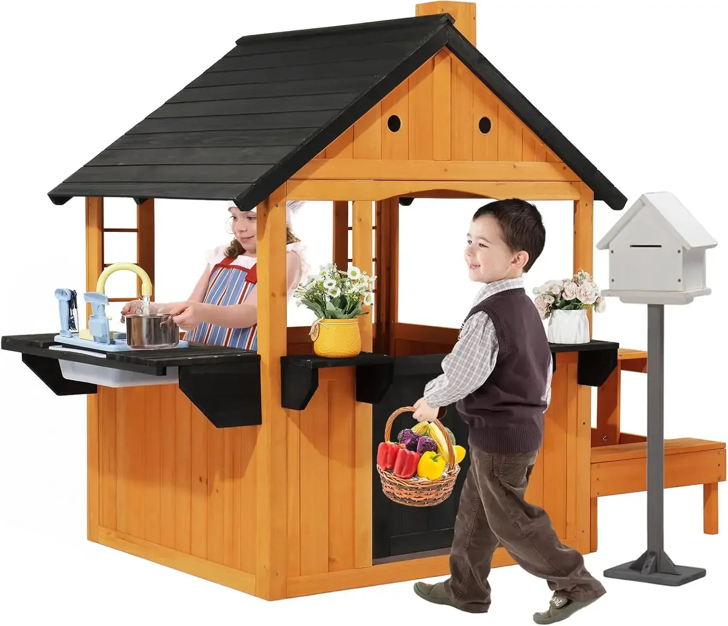 Kids Outdoor Playhouse with Sink Toys, Picnic Table, Mailbox, Spacious Wooden Toddler