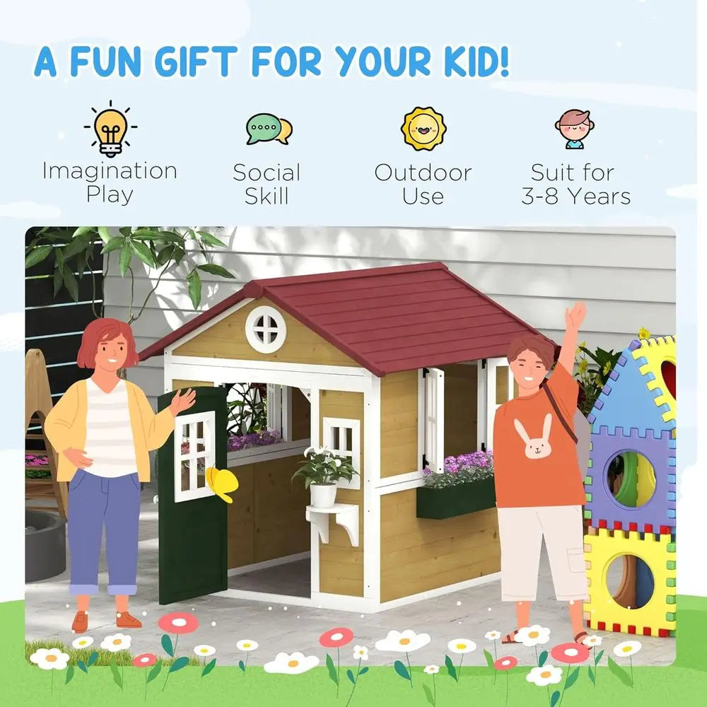 Children's Wooden Playhouse with Doors, Windows, and Planters,