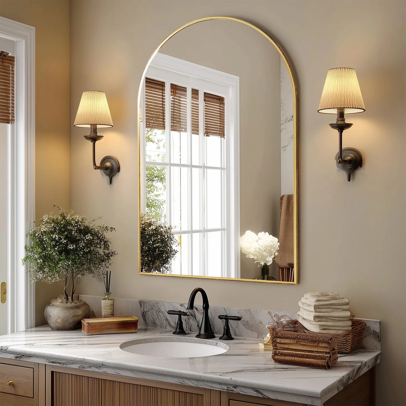 JHK  Arched Bathroom Mirror, 26x38" Metal Framed Wall Mirror for Vanity, Bedroom, & Archway