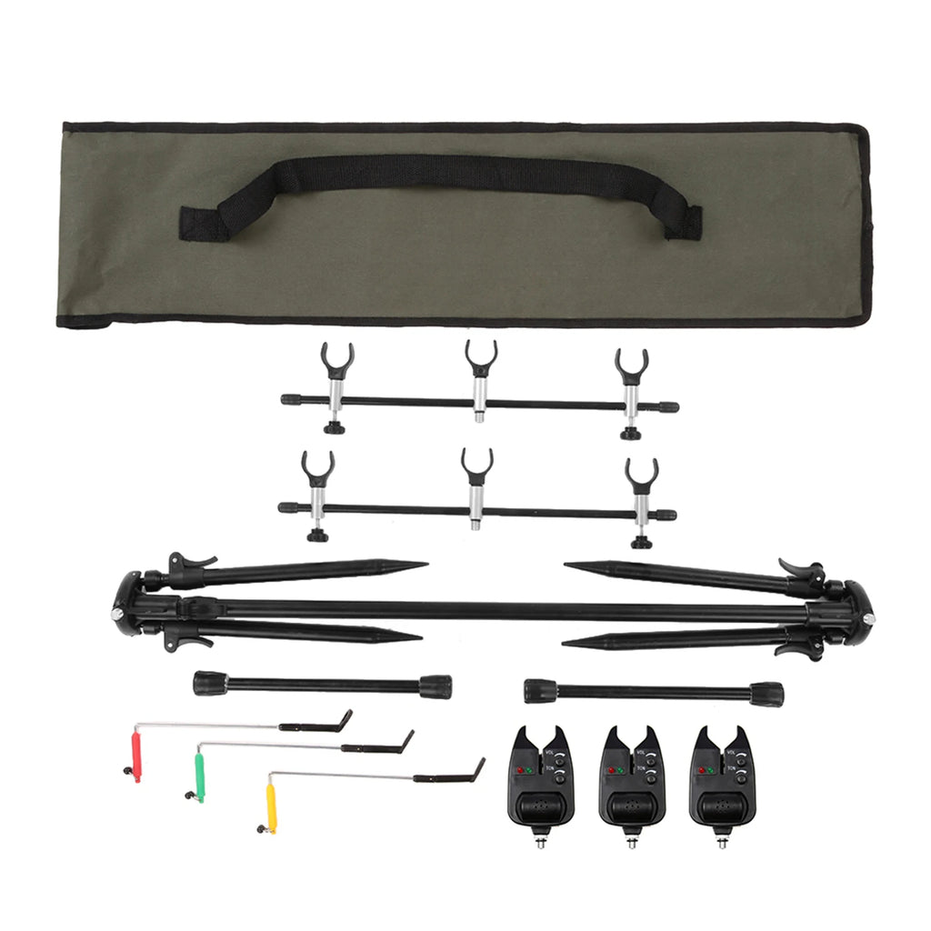 Fishing Rod Pod Stand Adjustable Retractable Carp Hold with 3 Bite Alarms and Swingers Indicator