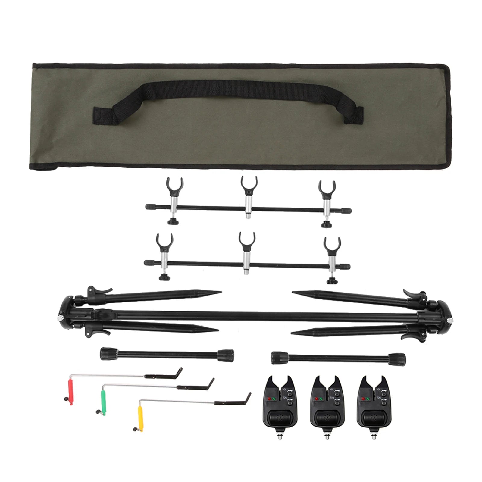Fishing Rod Pod Stand Adjustable Retractable Carp Hold with 3 Bite Alarms and Swingers Indicator