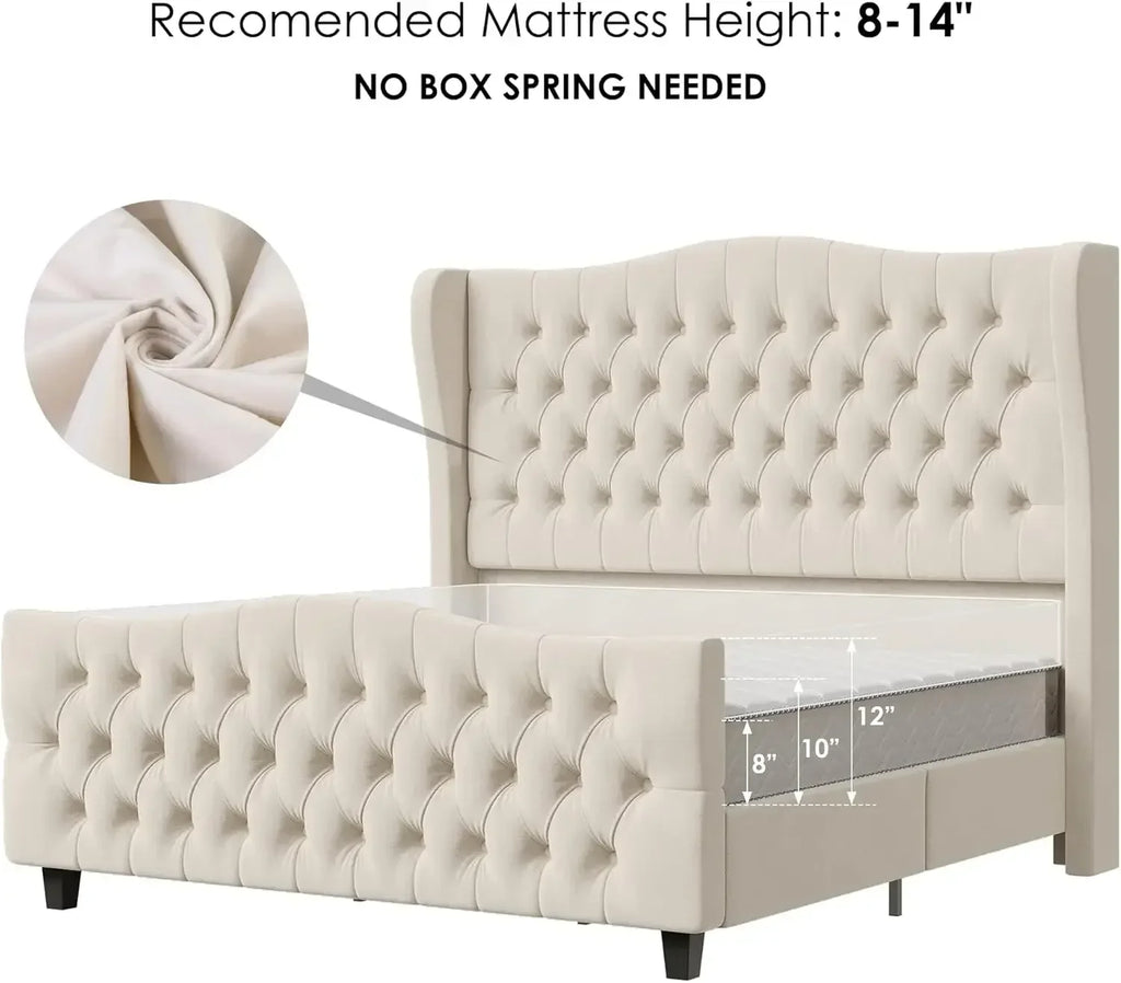 Full Size 54.3” Tall Platform Velvet Bed Upholstered Frame with Deep Button Tufted Wingback Headboard and Footboard,