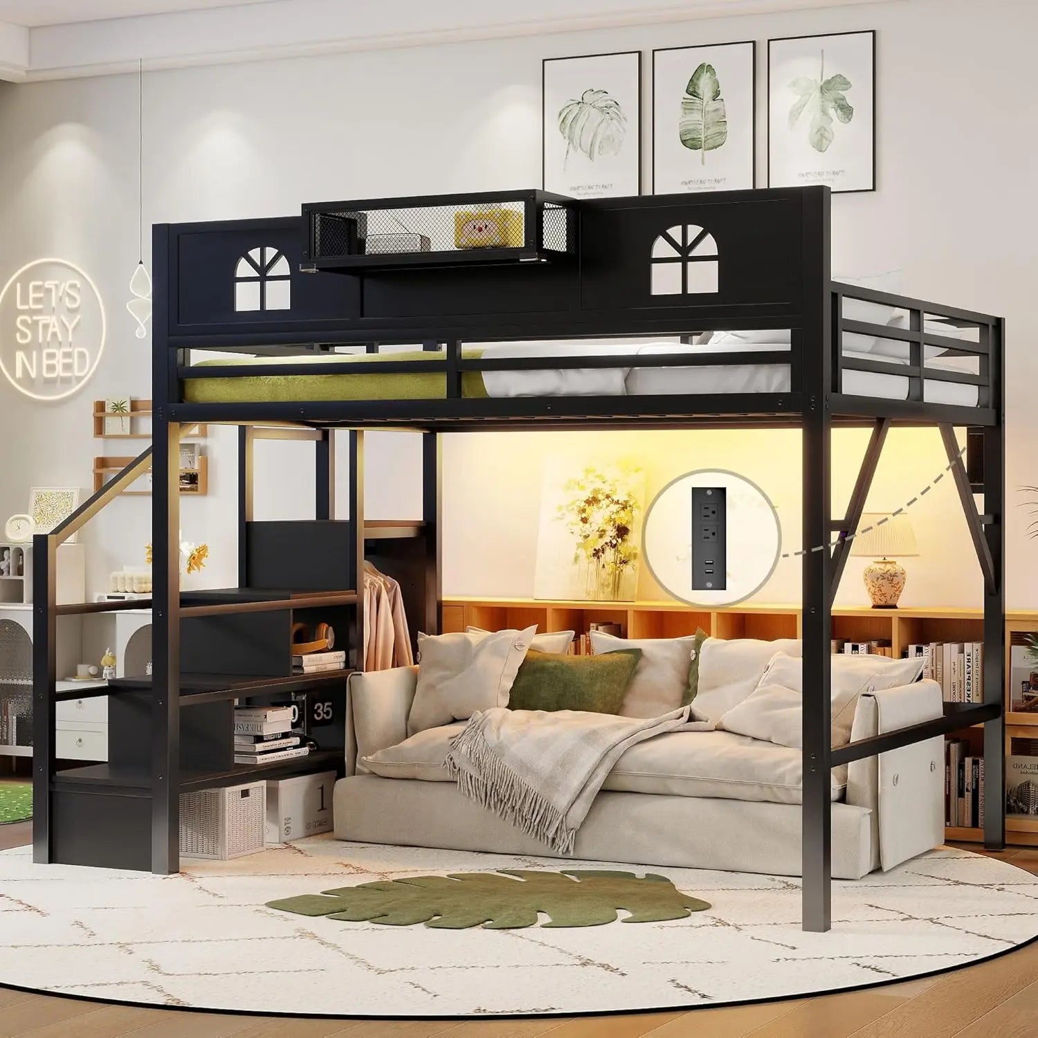 Queen  Metal Loft Bed with Stairs,  Storage, Wardrobe,& Bedside Shelf