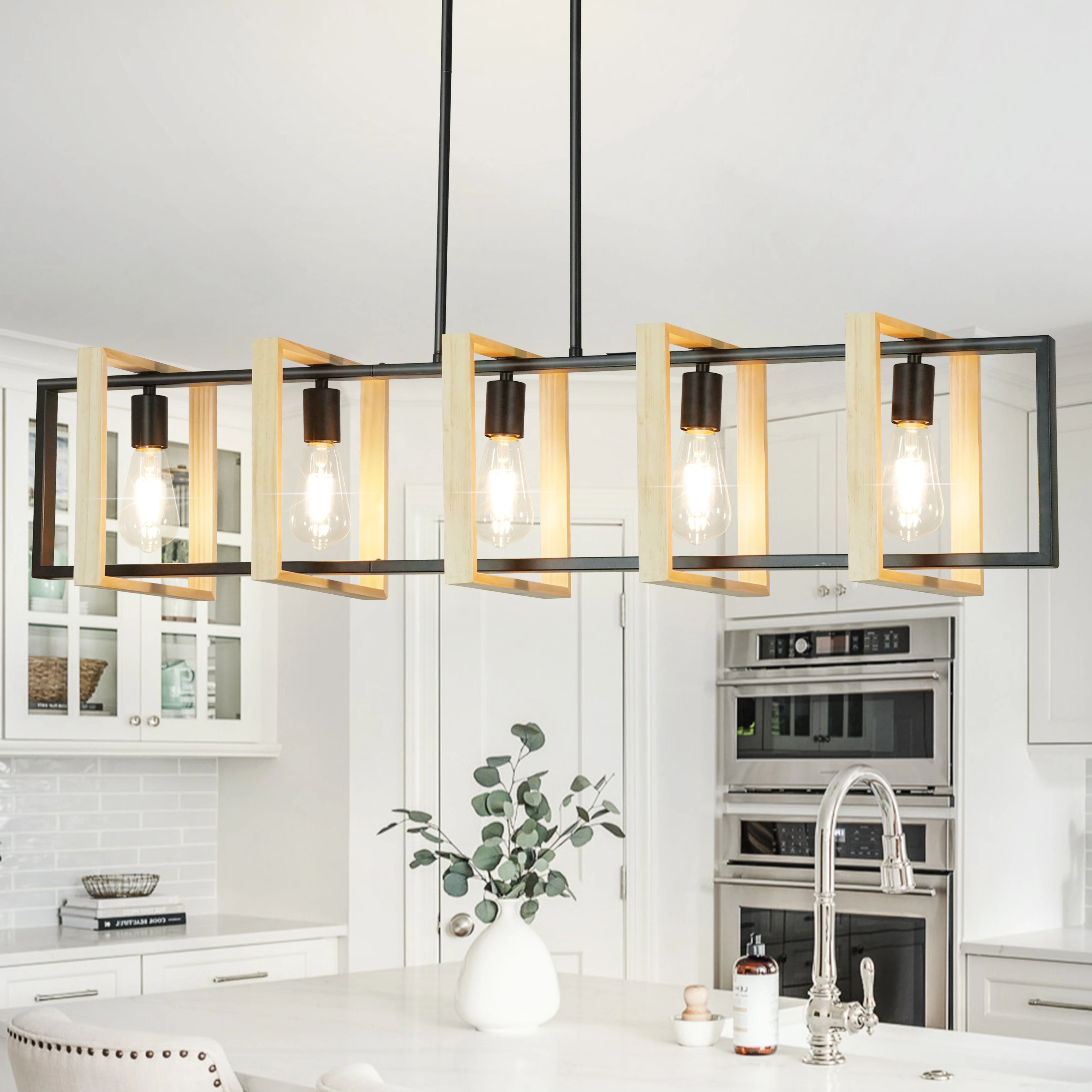 Modern Farmhouse Kitchen Island Light with Wood Shades- Dimmable  Chandeliers for Kitchen, Dining Room