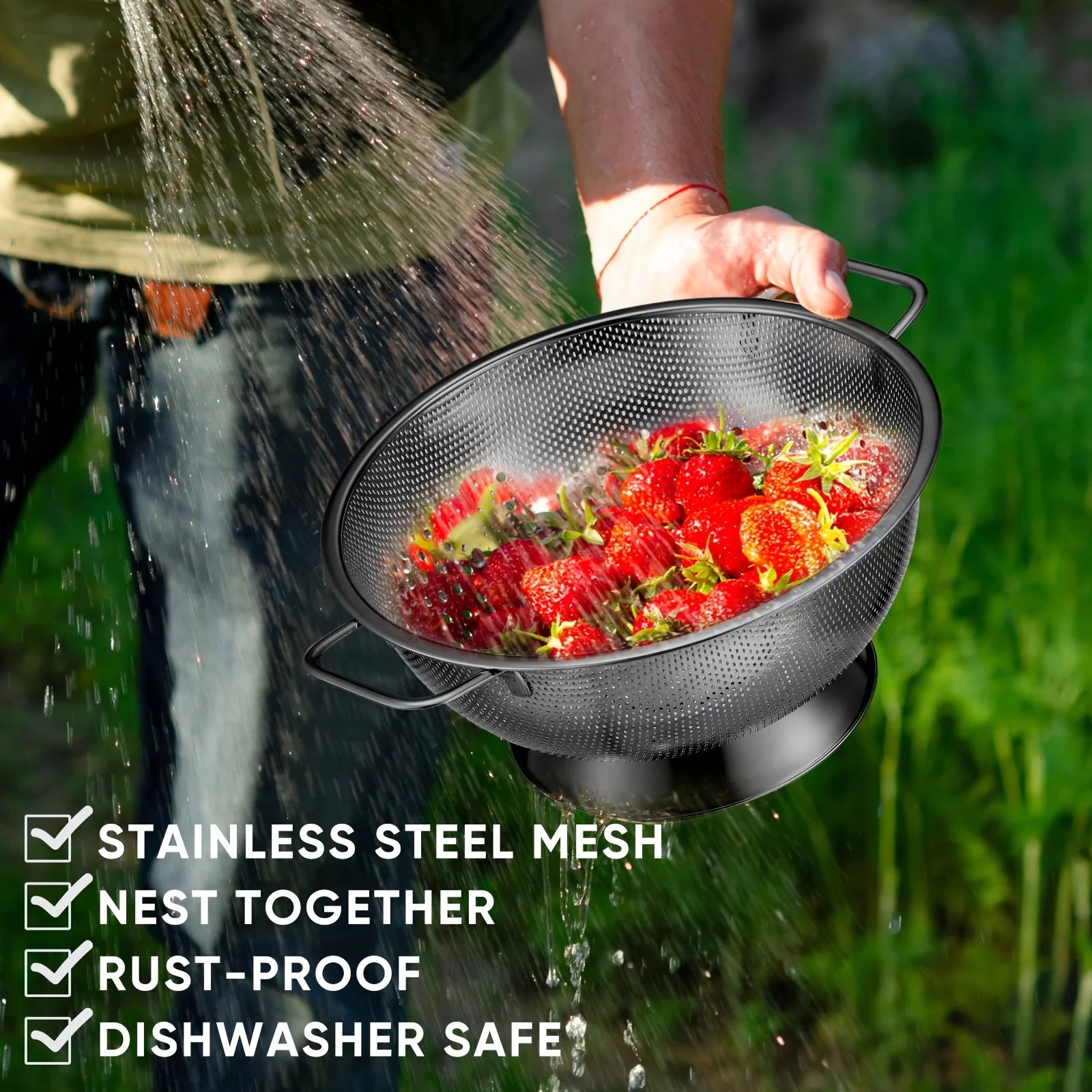 3pcs Stainless Steel Colander Bowl And Sieves 1/3/5 Quart Metal Mesh Strainer Net Basket With Handles