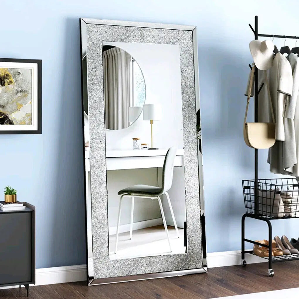 LUVODI Large Silver Rhinestone Vanity Mirror Frameless Crystal Diamond Wall Mirror for Bedroom, Bathroom.