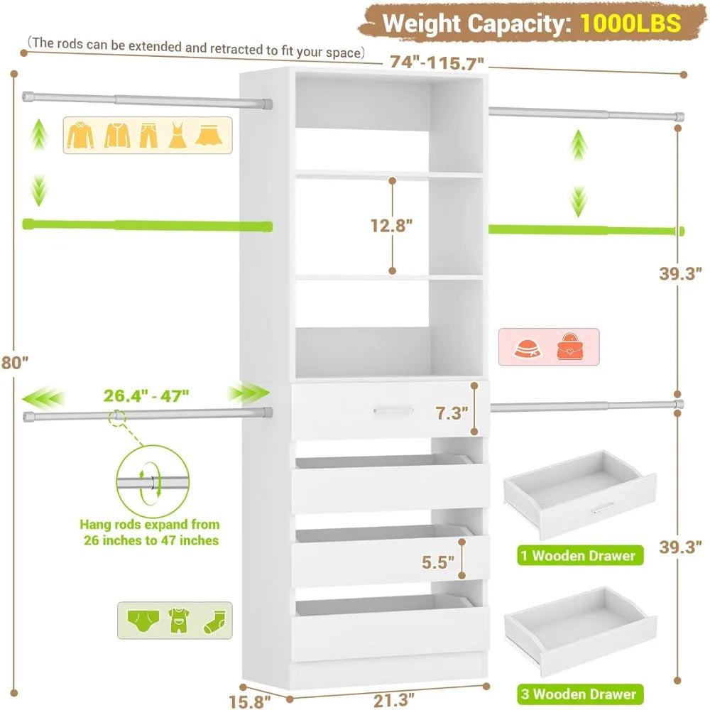 , 4-9Ft Closet Organizer with 4 Wooden Drawers,