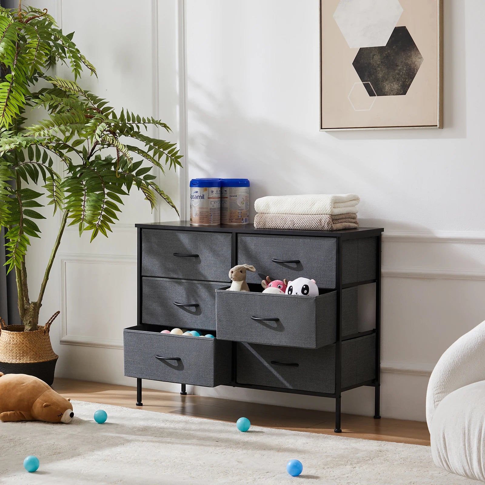 6 Fabric Drawers Nightstand  With Storage  Display Cabinet