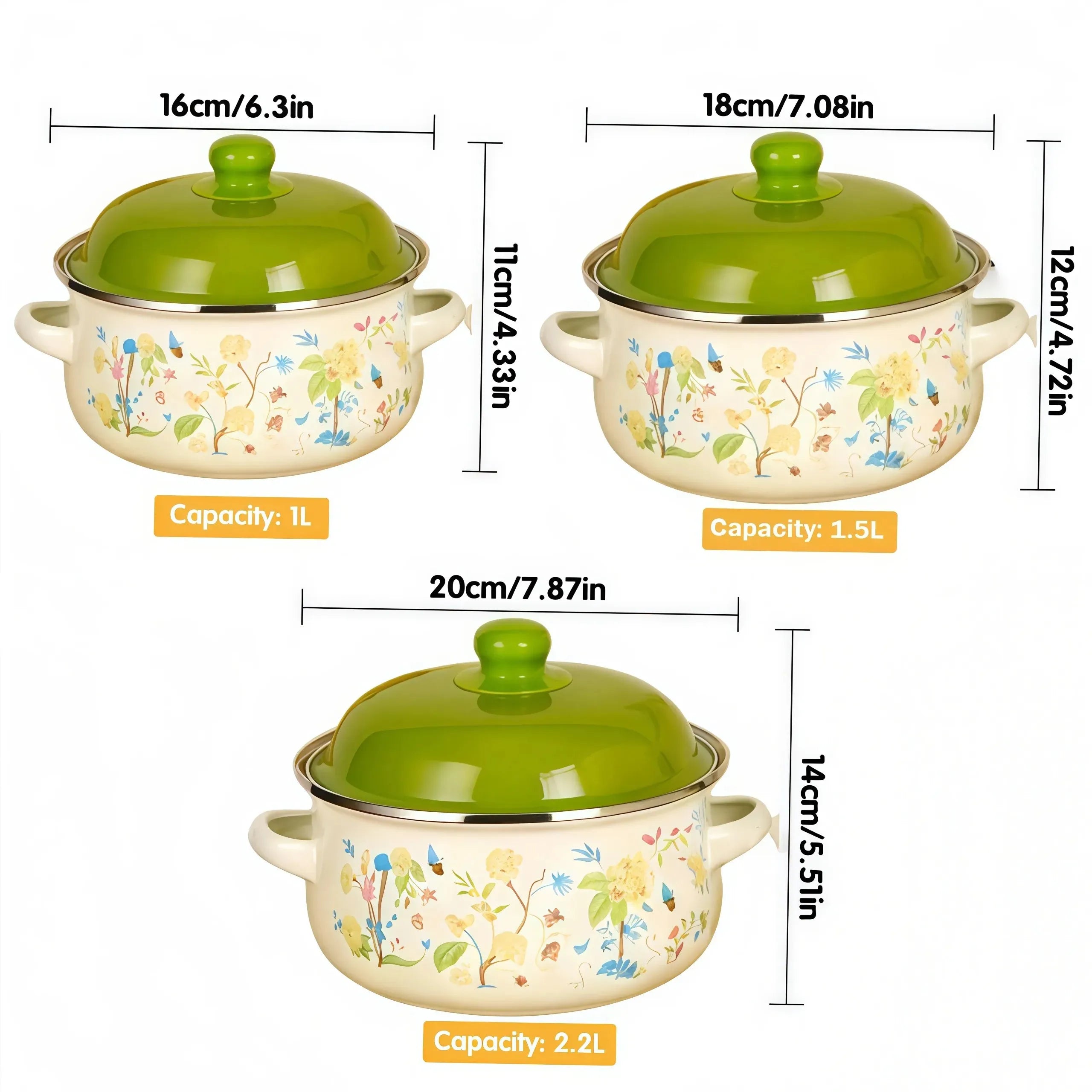 3Pcs Vintage Enamel Stock Pot Set with Lids,  Dual Handles & Flat Bottoms  for Induction & Gas Stoves