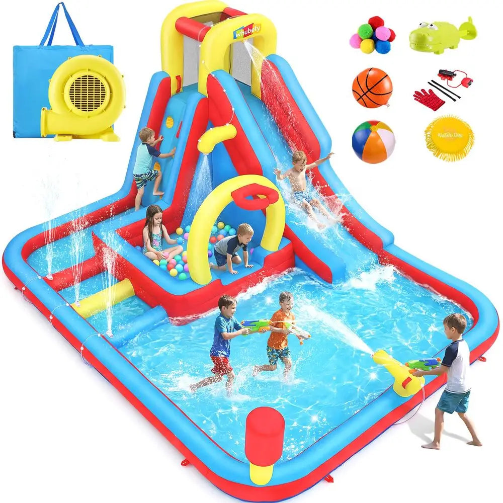 Inflatable Water Slide s, 16 in1 Backyard  with Deep Splash Pool, Unique Triple Sprinkler