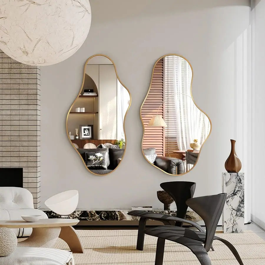 Wall cloud wavy Mirror, 20x36 Gold Abstract Asymmetrical  for Wall, Decorative