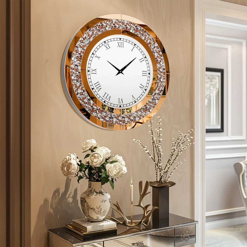 Silver, Tawny Tinted Round Mirror ,24inch Crystal Sparkle Twinkle Bling Crush Diamond
