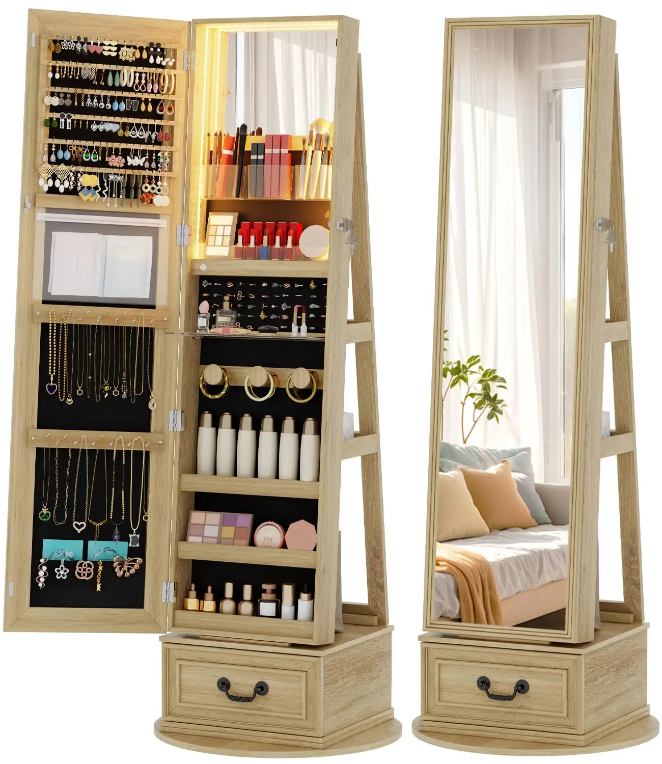 LED Full Length Standing Mirror Jewelry Cabinet with Lights, Lockable with Storage,