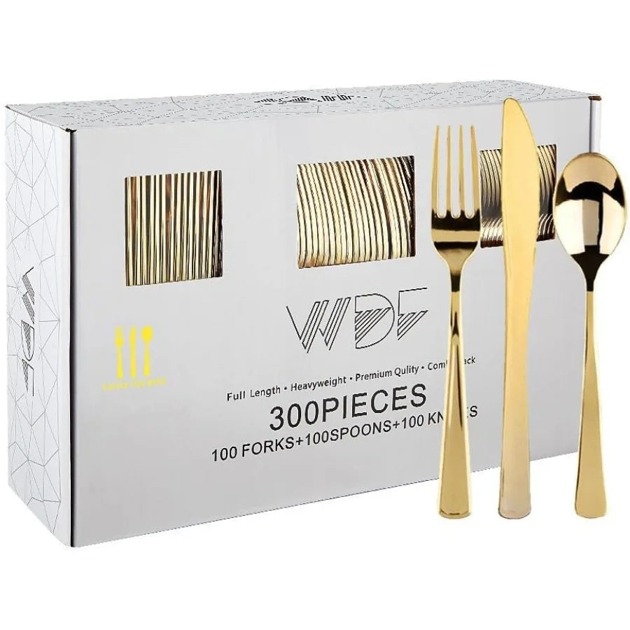300 Pieces Gold Plastic Silverware Heavy Duty Disposable Cutlery Set with 100 Forks 100 Spoons 100 Knives