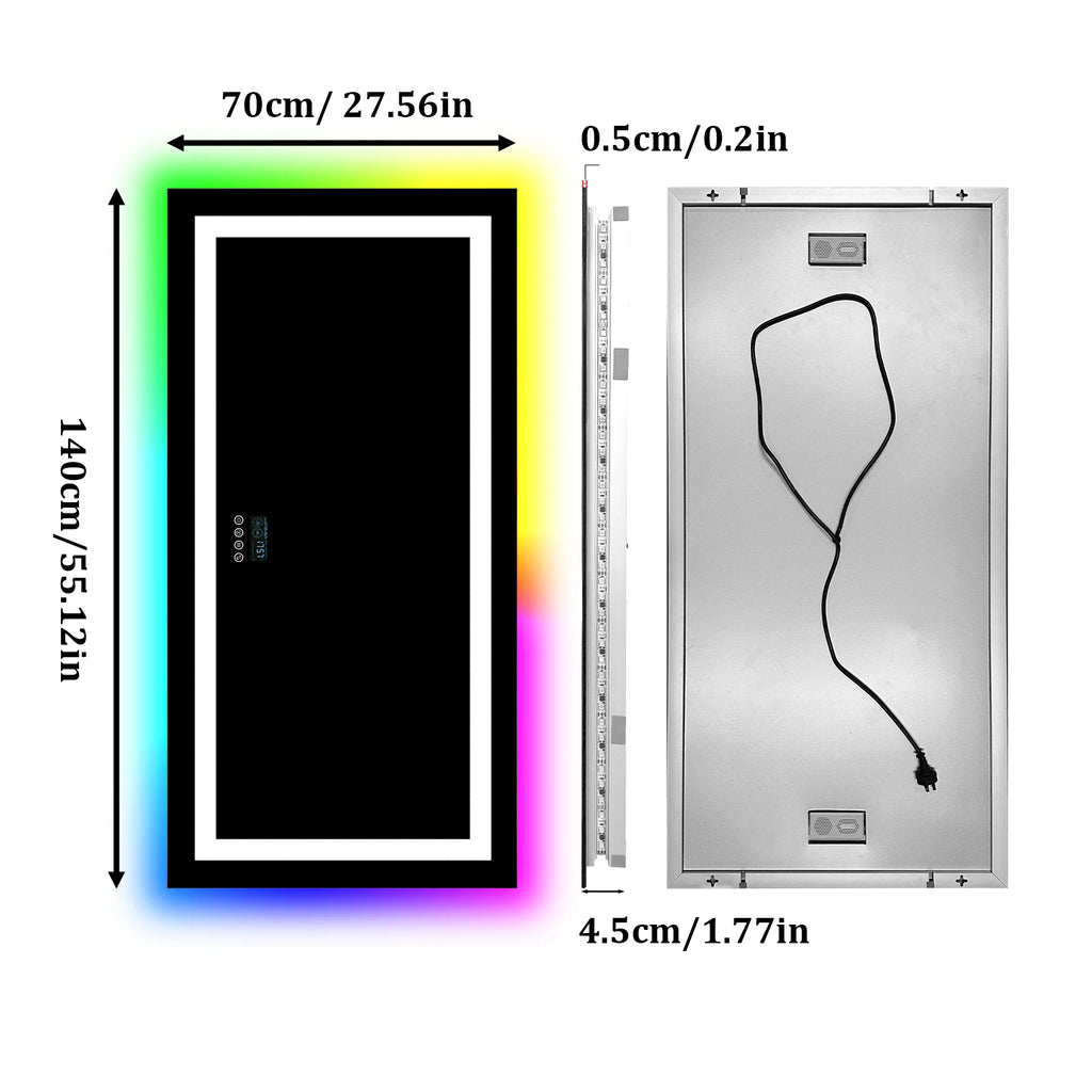 Rectangular LED Bathroom Mirror, Front-lit, RGB Backlight, Touch Antifog  with Date and Time Bluetooth Speaker