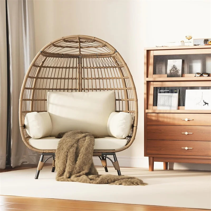 Oversized wicker Egg  patio lounge chair with Cushions & Steel Frame, Rattan