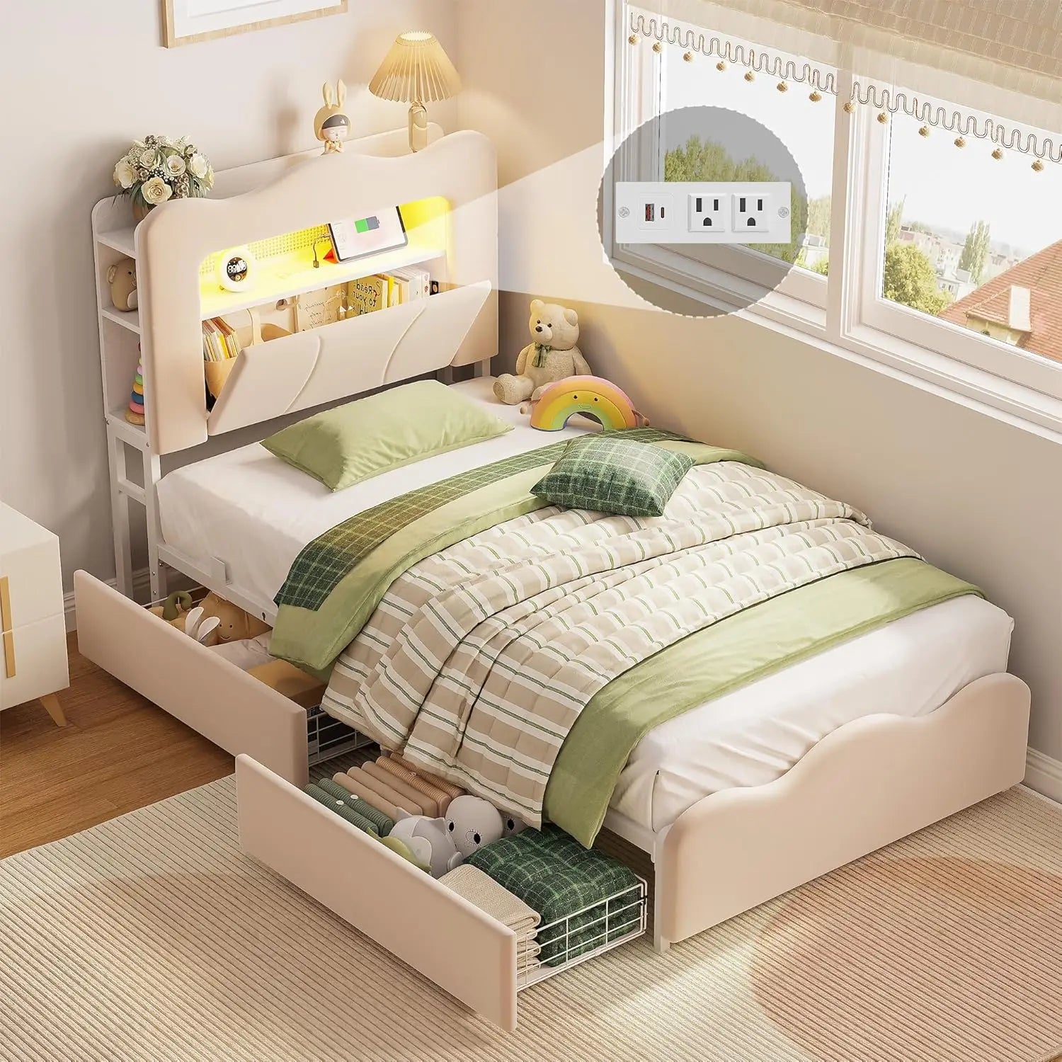 Twin LED Bed Frame ,  Bookcase , Headboard 2 drawers,  Velvet Platform.  Charging Station ,  No Box Spring