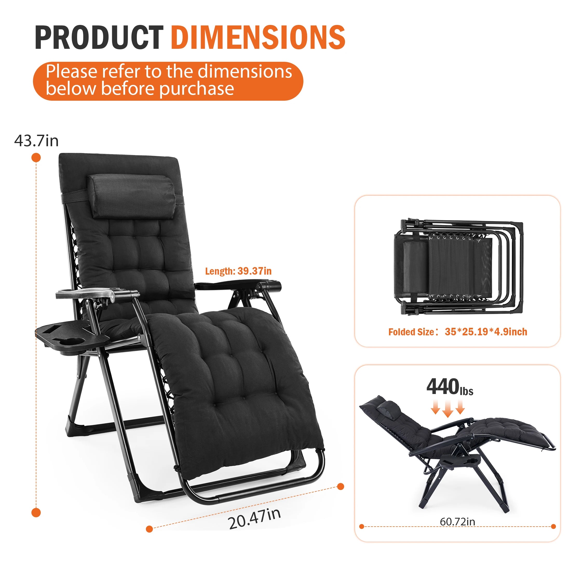 Reclining Camping Lounge Chair Soft Cushion Patio Chairs with Cup Holder Trays and Removable Cushion Folding