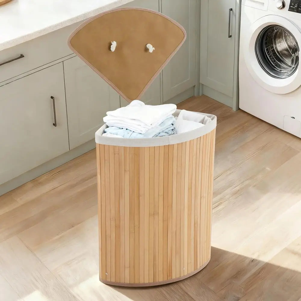 Laundry  Corner Basket with Lid, with Removable Liner, Vertical Slatted  Hamper with Handle, Triangle Clot