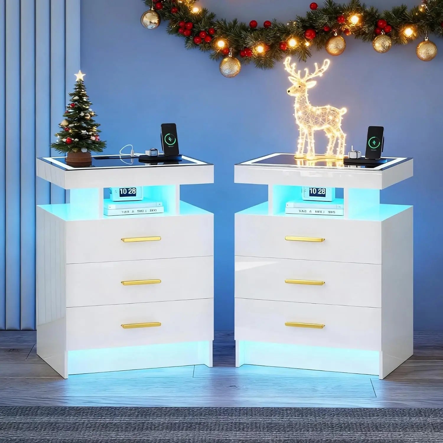 Black Night Stand Set 2  with Wireless Charging 3 Drawers Glass Top