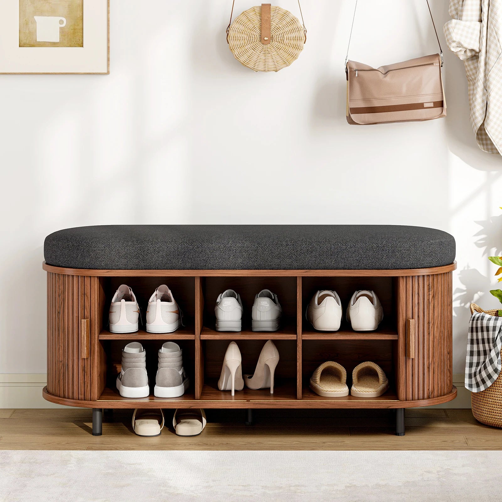 43.3" Shoe Storage Bench with 3 Tier Rack,  Cushion and Sliding Door Removable