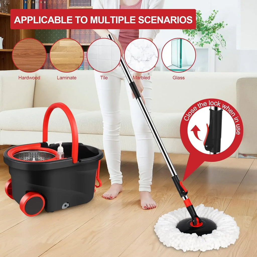360 Spin Mop Bucket with 3 Microfiber Heads 61'  Handle  & Two Wheels