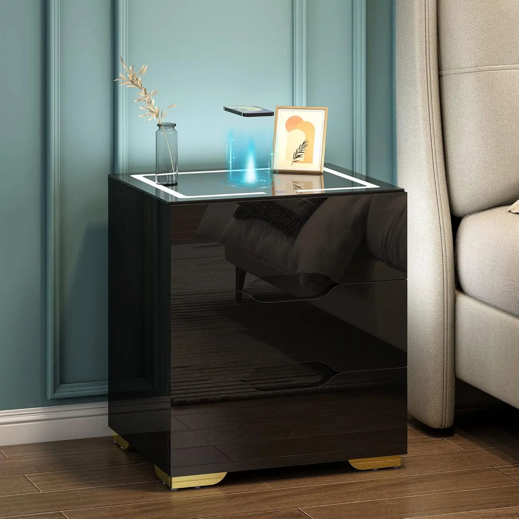 Black  LED Nightstand with Wireless Charger, USB  Ports & High-Gloss Finish