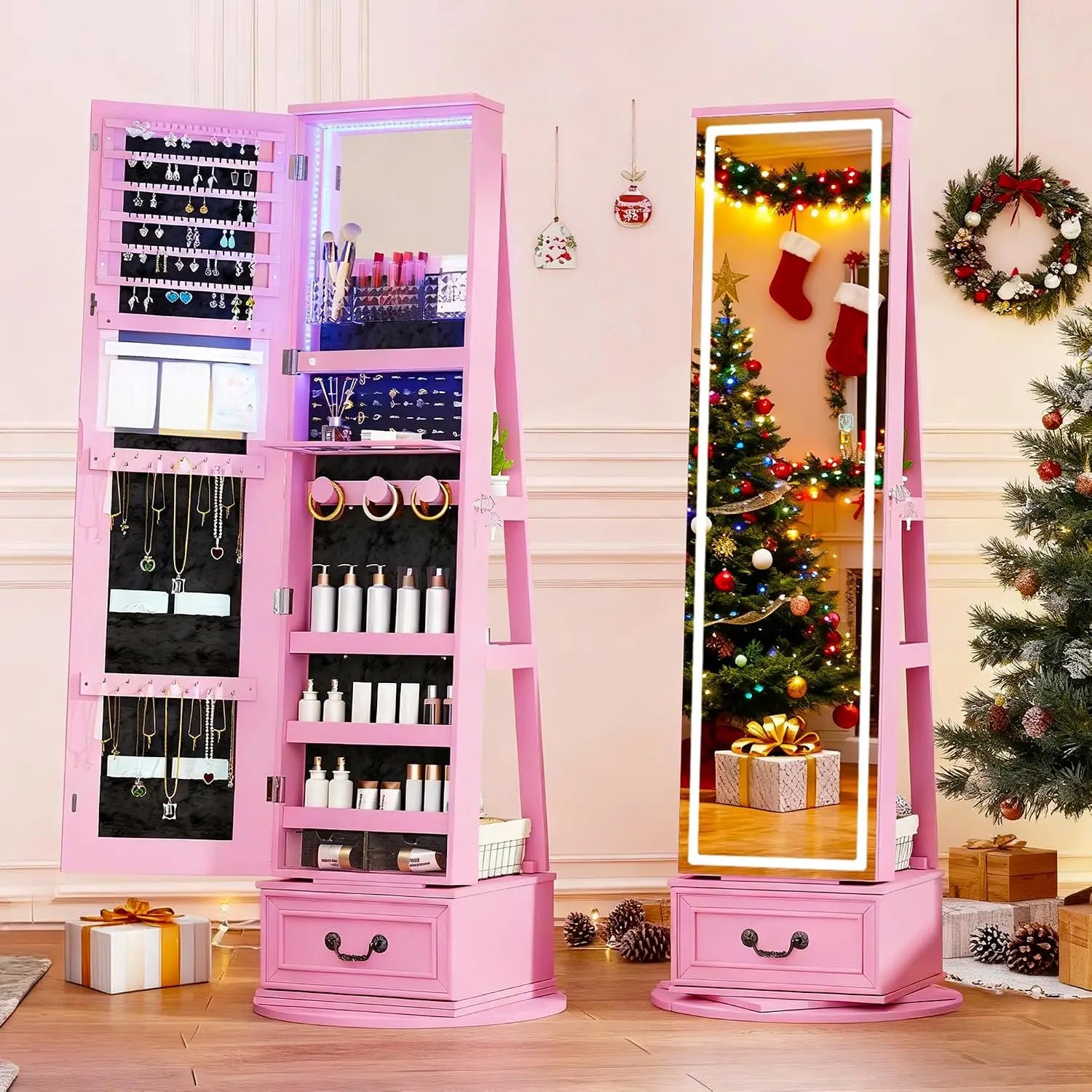LED Mirror Jewelry Cabinet Standing, 360°Swivel  with Full Length Mirror, Storage