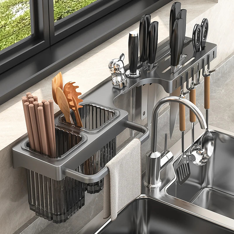 wall-mounted kitchen  knife rack, with  chopstick holder and storage  shelf