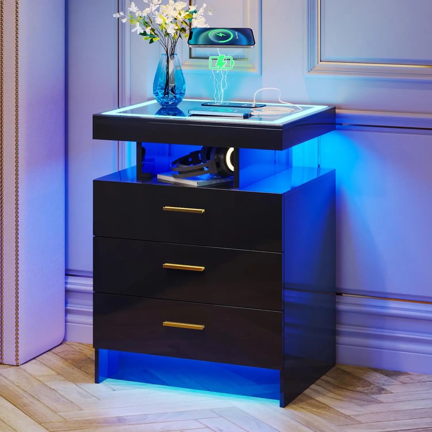Nightstands with Wireless Charging , Auto Sensor 3 Color Dimmable LED
