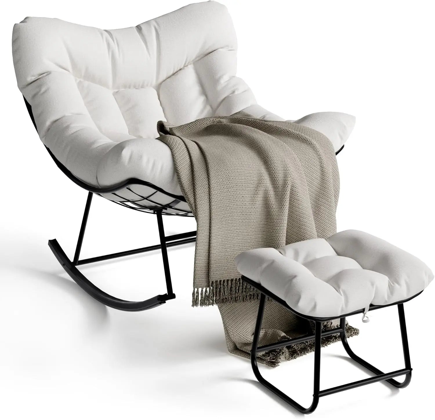 Outdoor Oversized Papasan Rattan Egg  Rocking Chair with Footrest, For, Patio ,  Balcony, Backyard ,Porch, Bedroom.