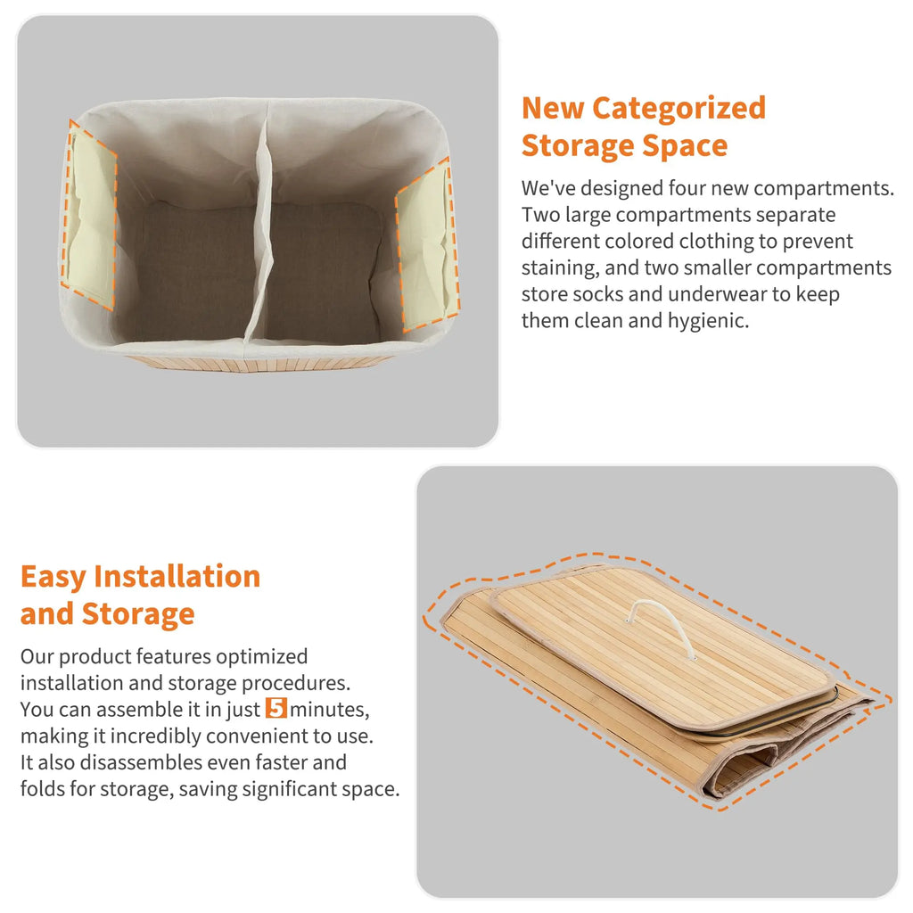 Large 106L Bamboo Laundry Hamper with Removable 4-Section Liner, Lid & Handles