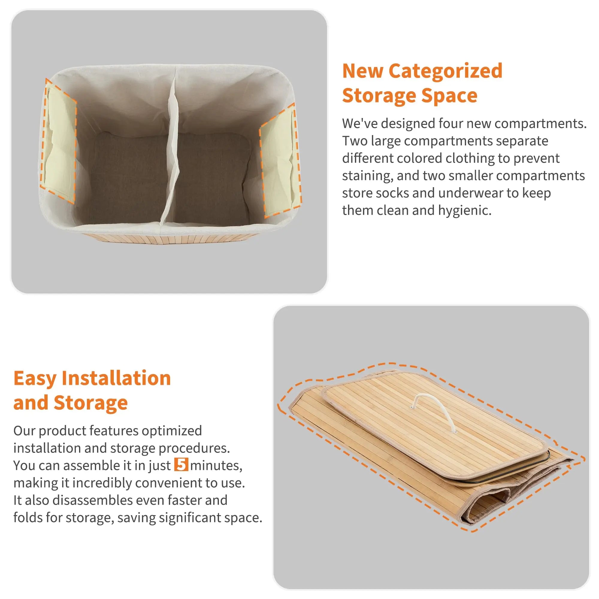 Large 106L Bamboo Laundry Hamper with Removable 4-Section Liner, Lid & Handles