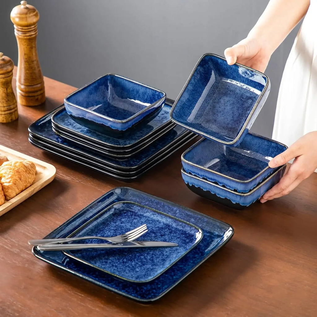 Stern Blue Square Dinnerware Set 16 Pieces Kitchen  Stoneware