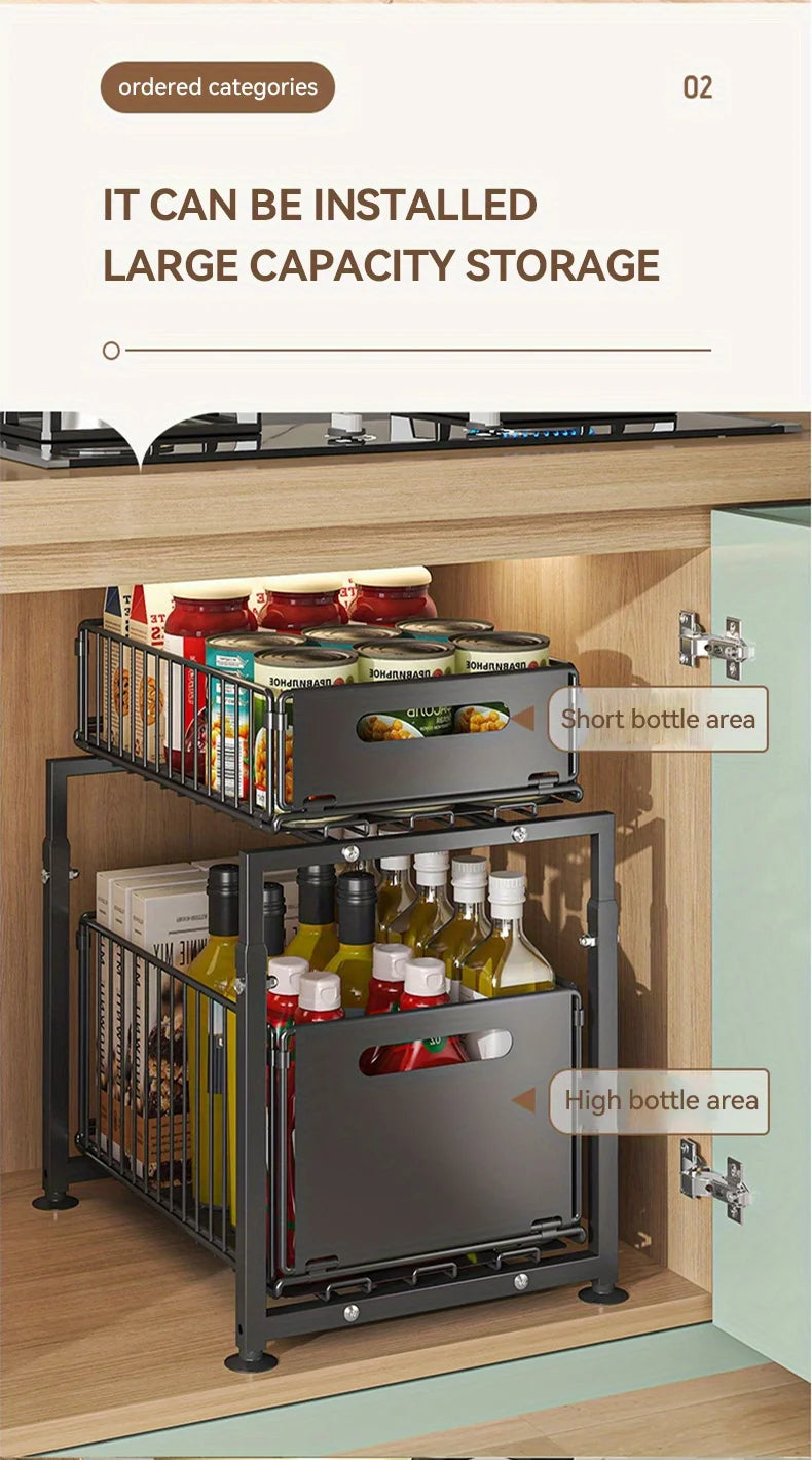 2 Tier Slide Out Cabinet Organizer , Adjustable Metal under sink storage shelf, Heavy Duty