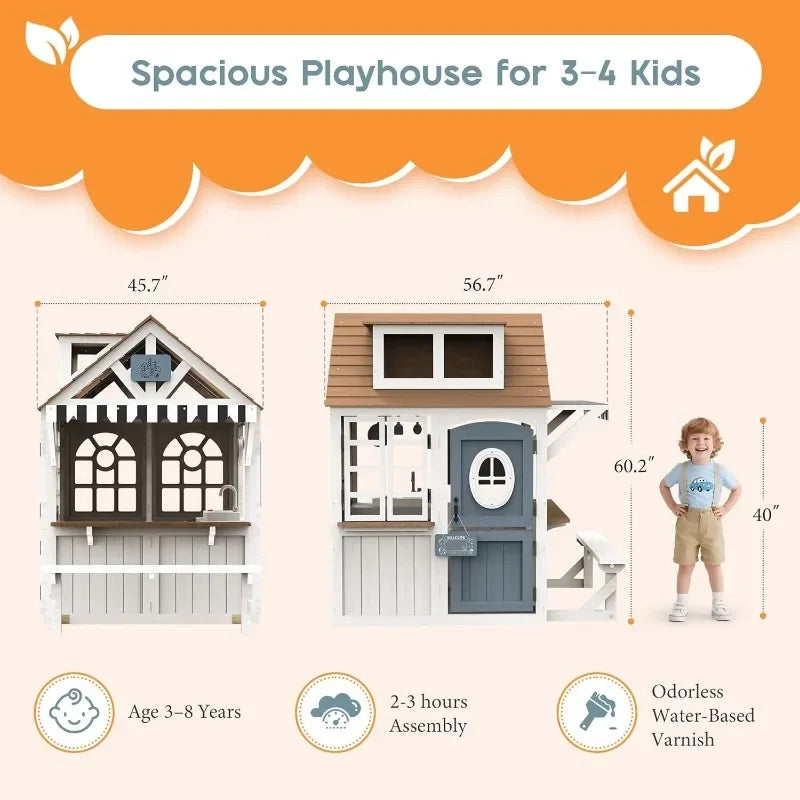Outdoor Wooden Playhouse with Kitchen Set ,Chalkboard with Waterproof Roof & Rust-Resistant Hinges,